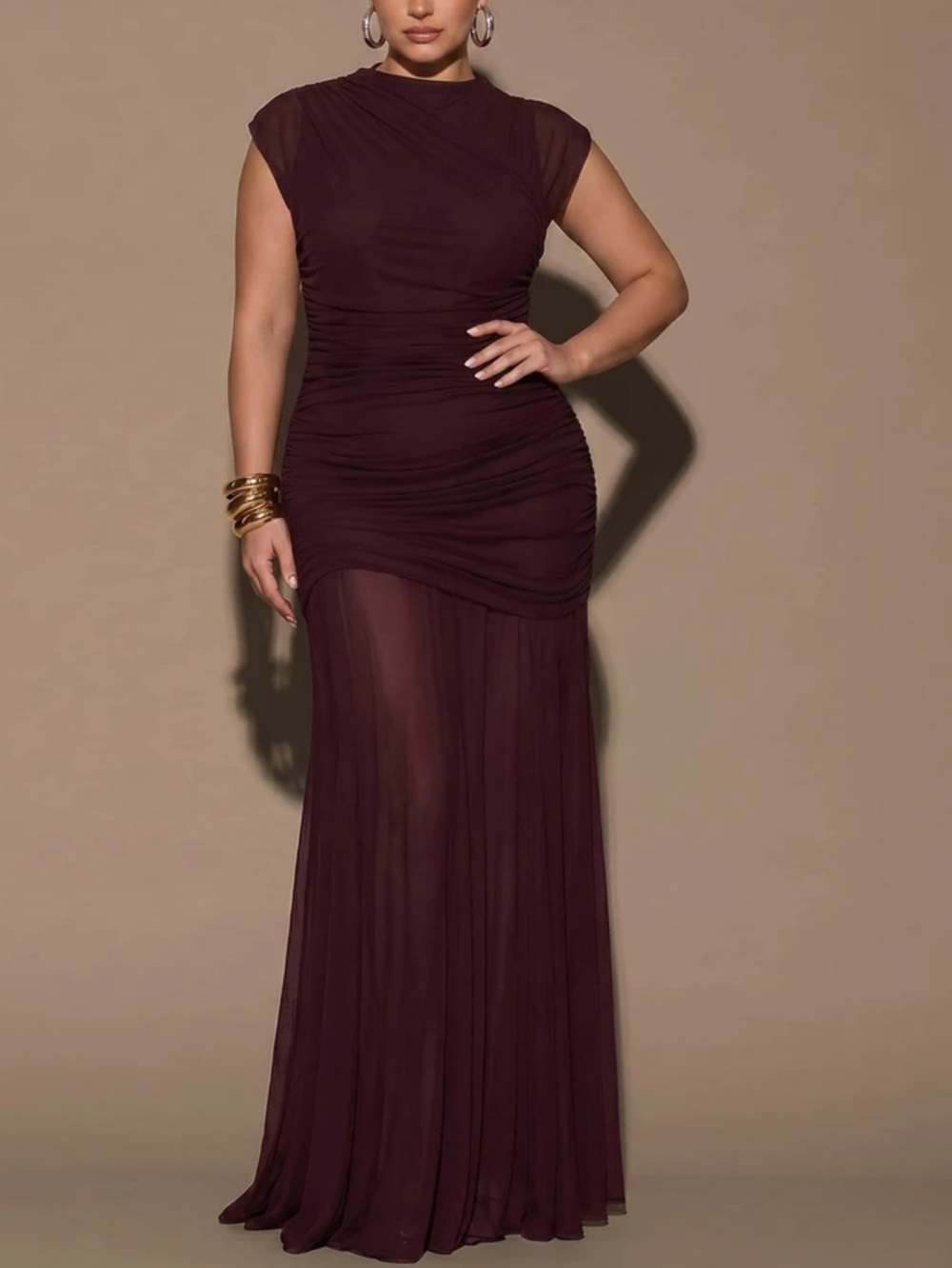 Elegant Burgundy Ruched Sheer Maxi Dress